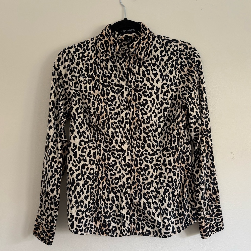 Pink Tartan Leopard Print Cotton Button-Down Shirt | Size 4